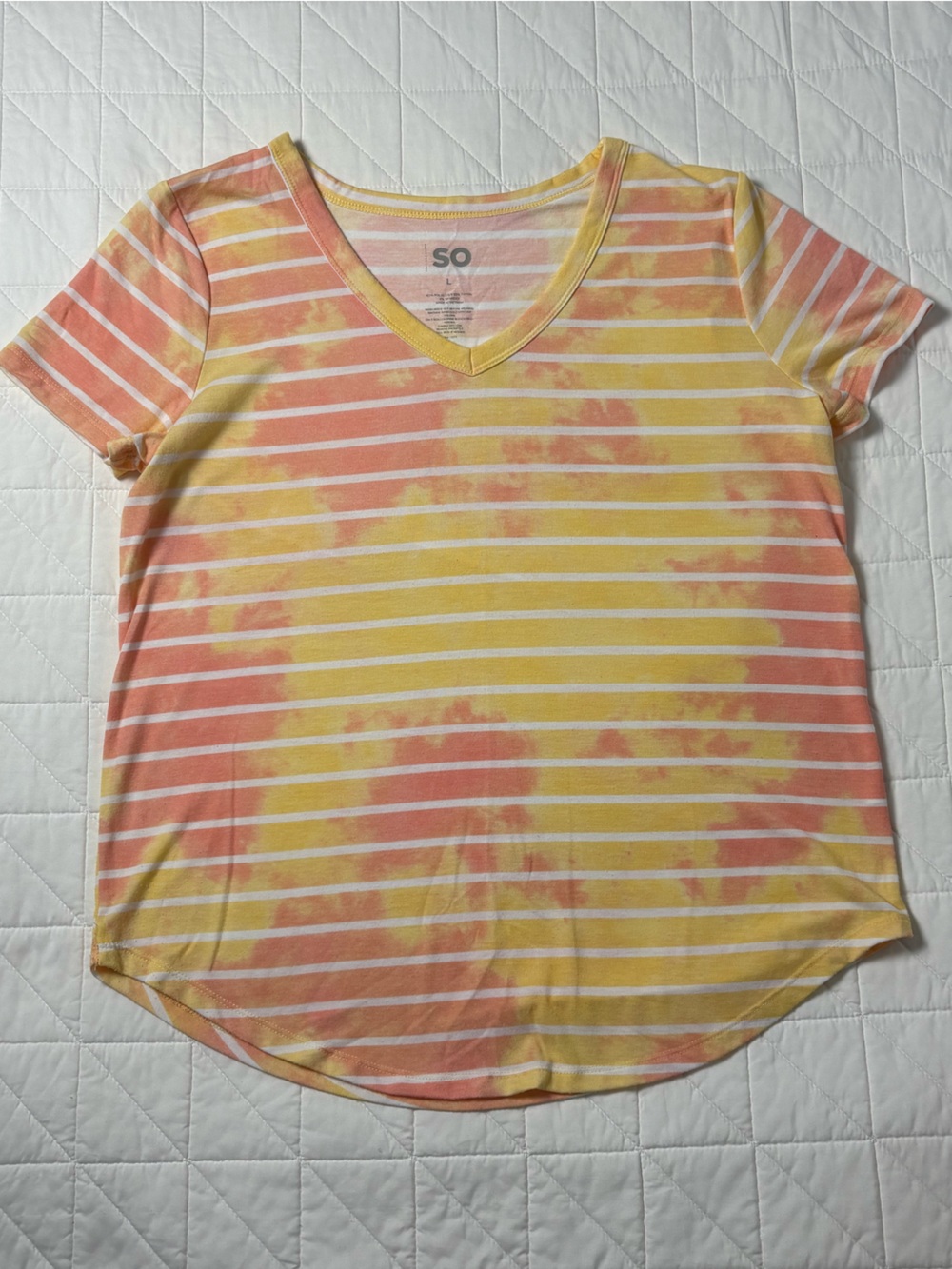 SO Pastel Striped Tie Dye V-Neck T-Shirt - Yellow Peach Pink - Women’s Large